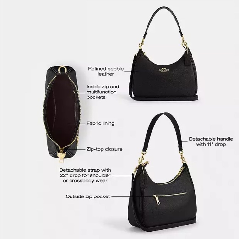 Coach Teri Hobo Bag - Black Pebbled Leather with Gold Embellishments - NWT - Picture 10 of 10